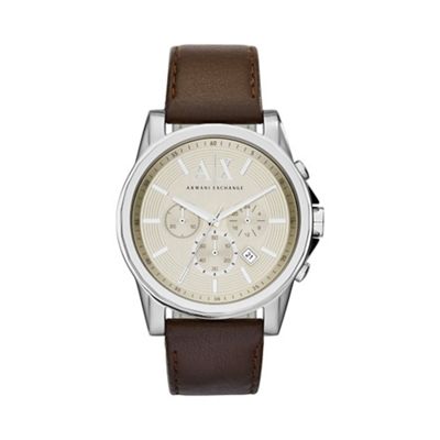Men's silver and dark brown leather chronograph bracelet watch ax2506